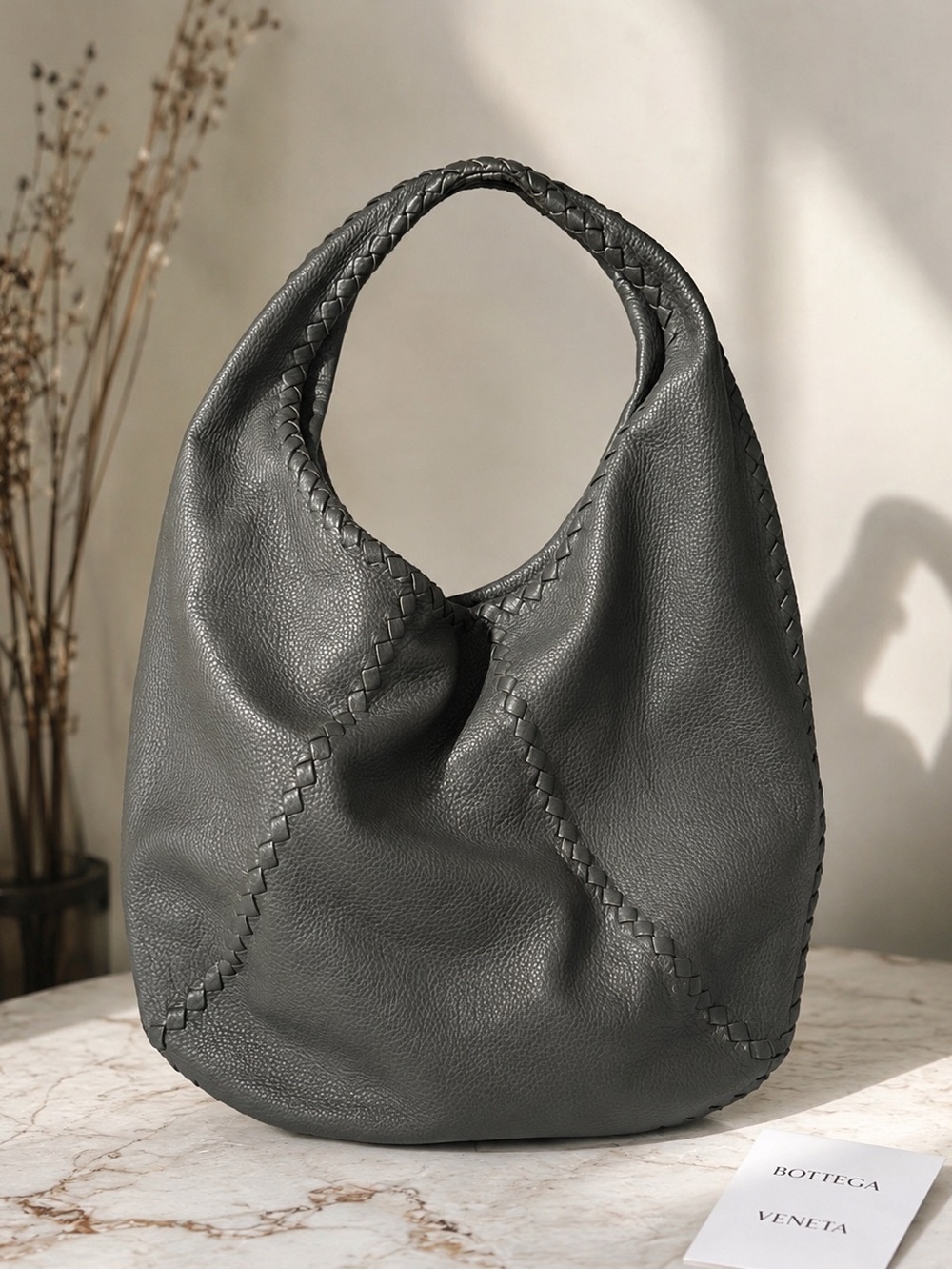 Bottega Veneta Dark Gray Cervo Leather Braided Hobo Bag